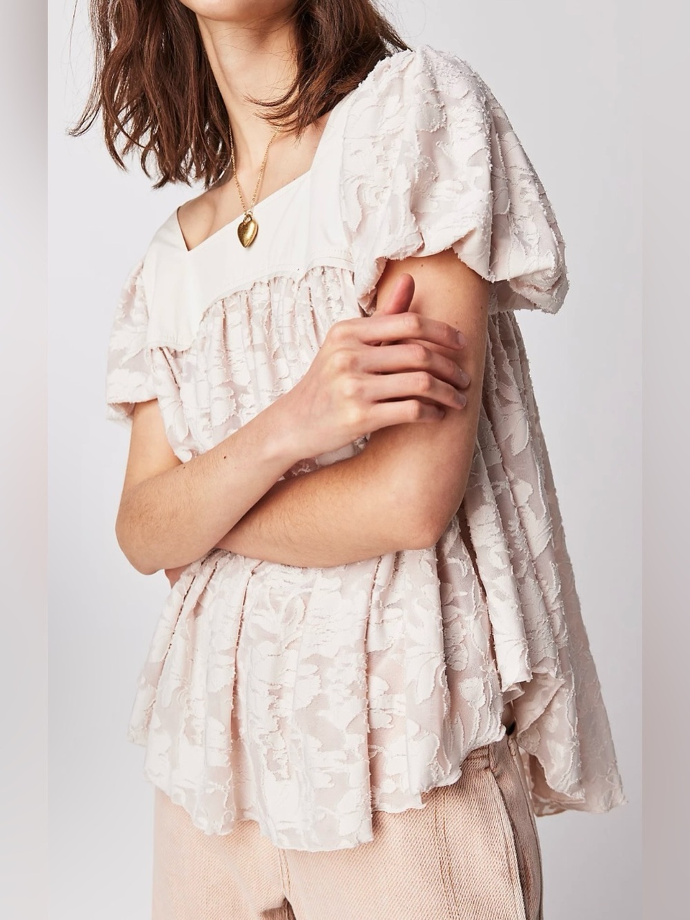 Free People Ivory Textured Semi Sheer Babydoll Blouse - Size S